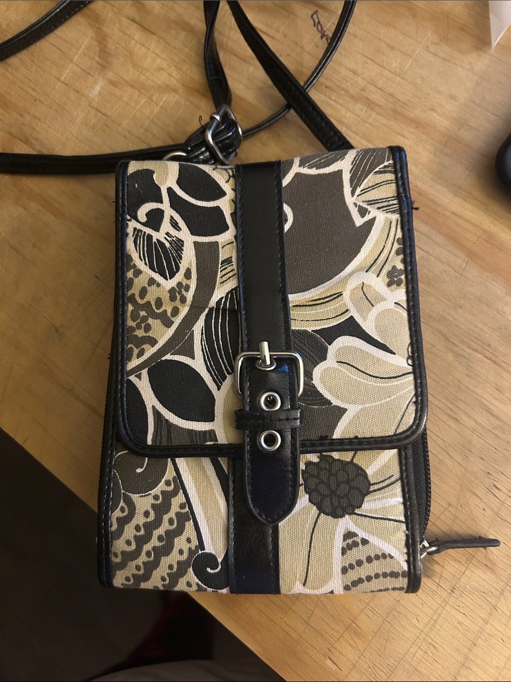 Spartina 449 Black and Cream Floral Canvas Crossbody with Buckle Detail